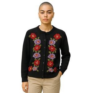 Orvis BlackGreen Purple Red Embroidered Floral Knit Cardigan Vintage Sweater L
